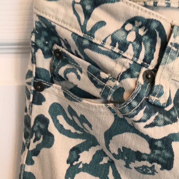 Tan Jeans with retro ink pattern. Zipper ankles - Picture 3 of 7